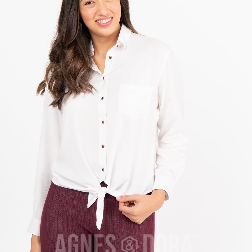 Button Down Tie Front White